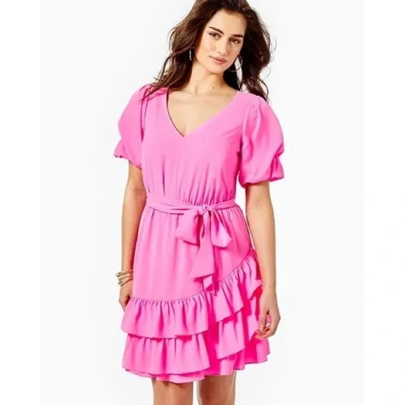 Lilly Pulitzer Martha Pink Stretch Ruffle Midi Short Sleeve Dress EUC Size 10 - Picture 2 of 11